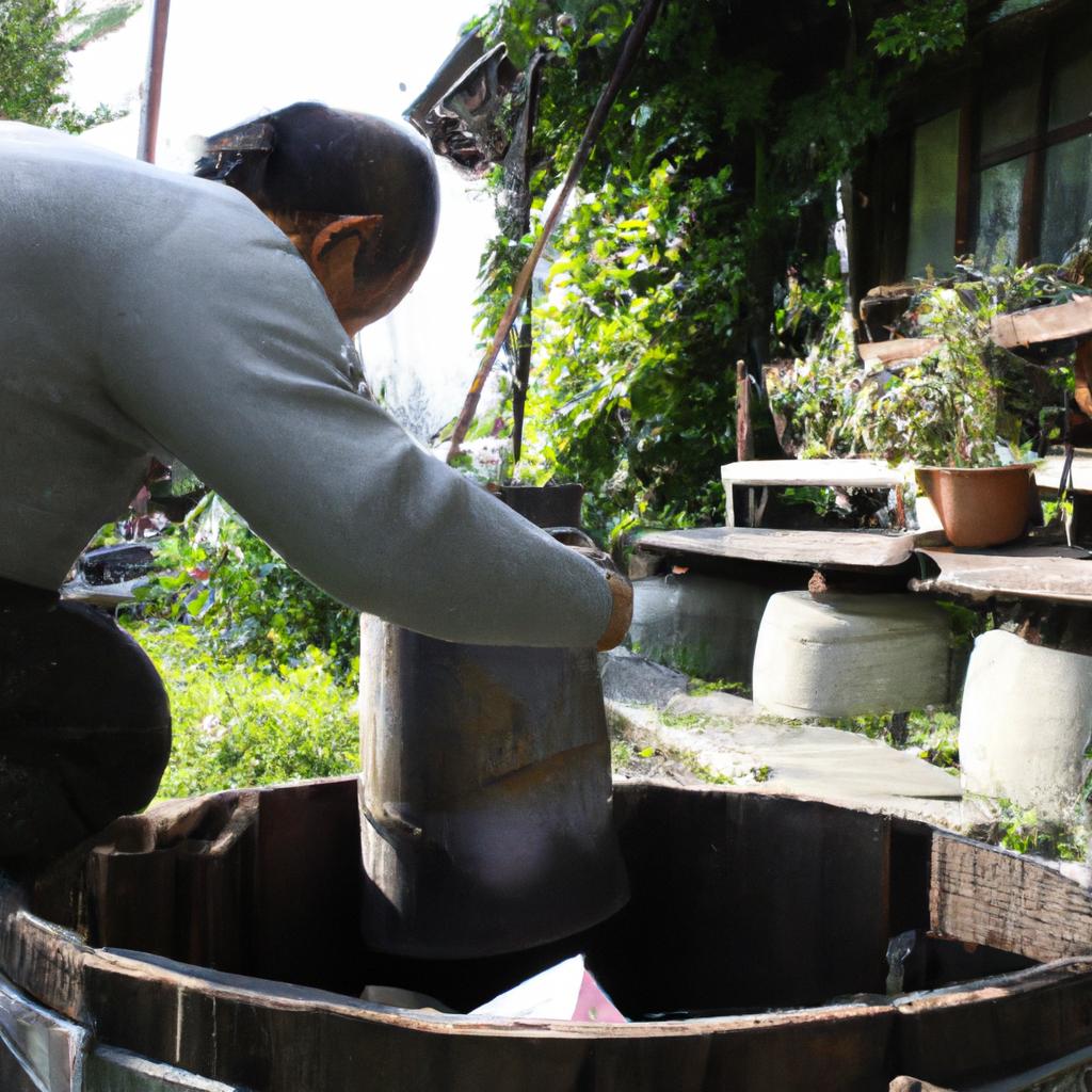 Person distilling shochu in village