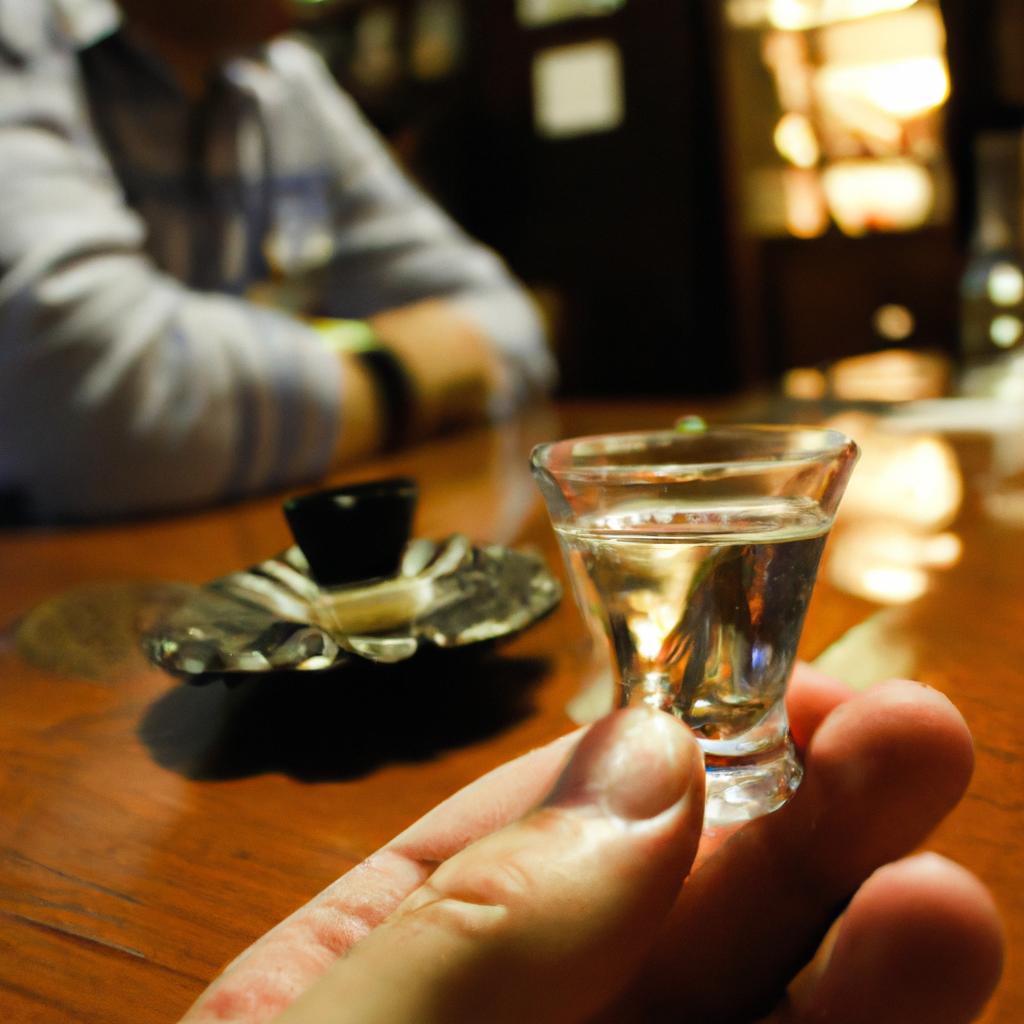 Person holding shochu tasting glass