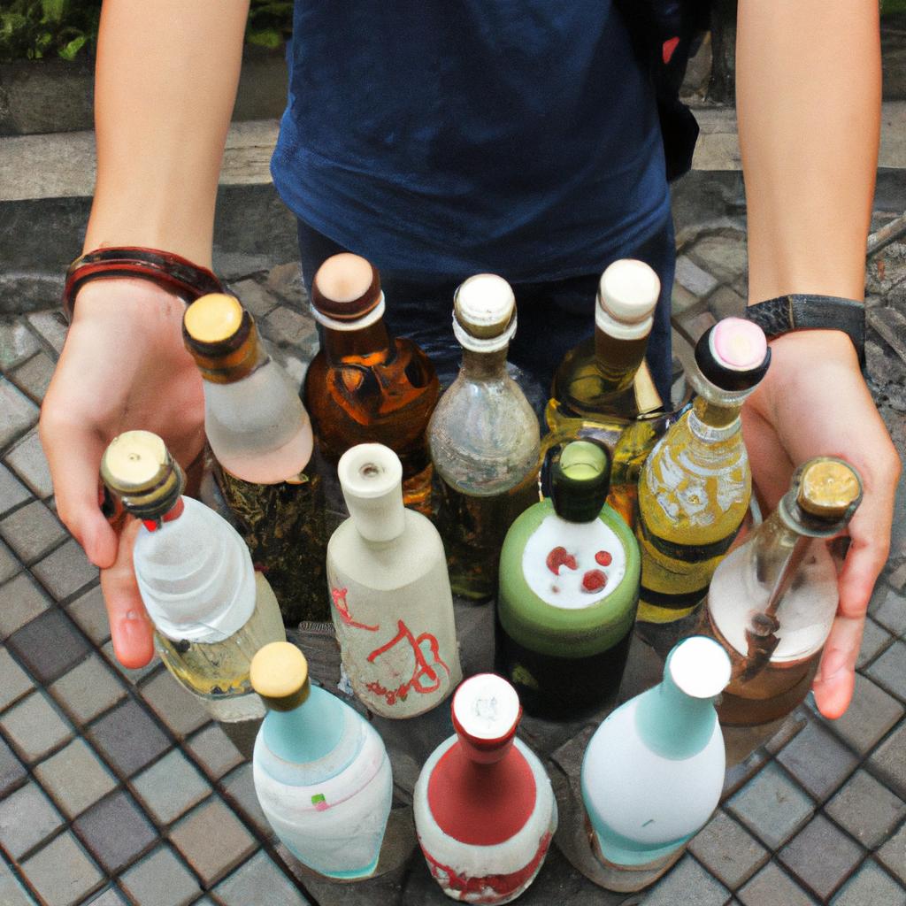 Person holding different shochu bottles