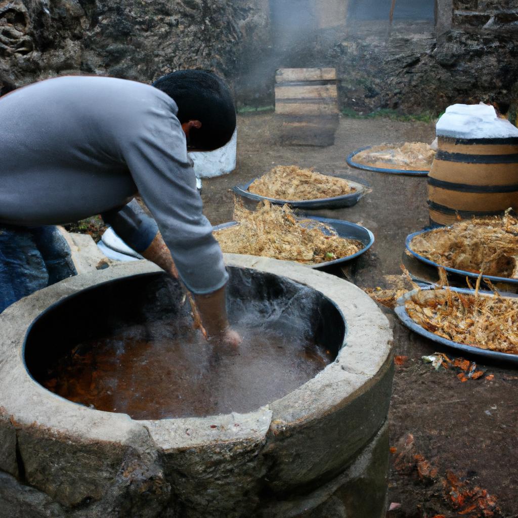 Person making shochu in village