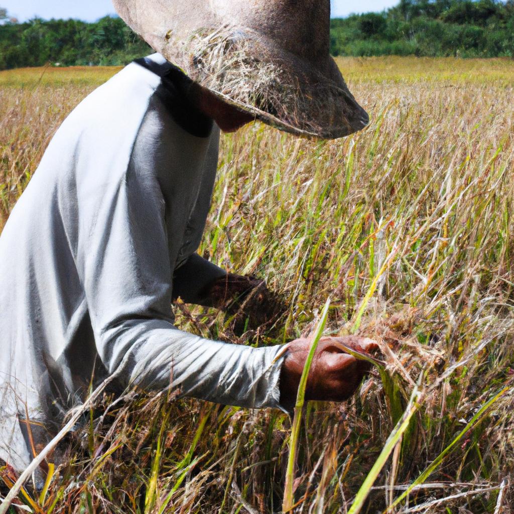 Person harvesting rice in field