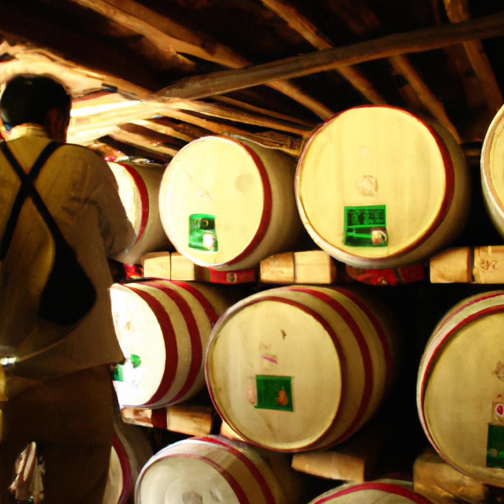 Person inspecting shochu fermentation barrels