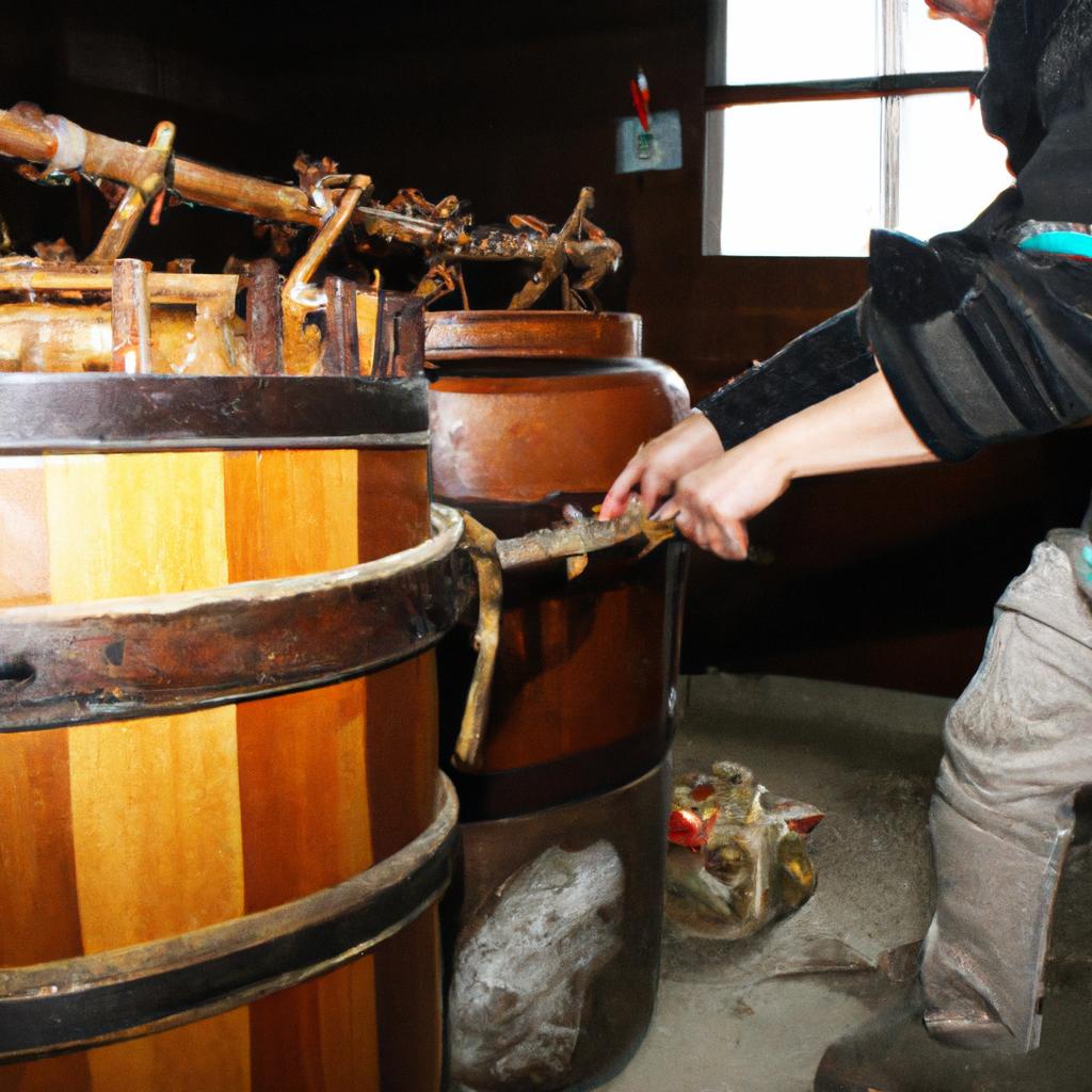 Person making shochu in distillery