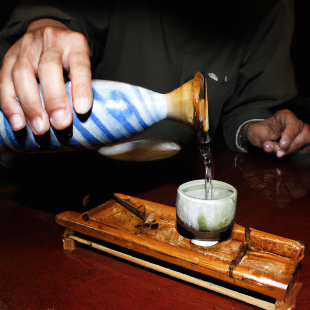 Person pouring shochu using traditional methods