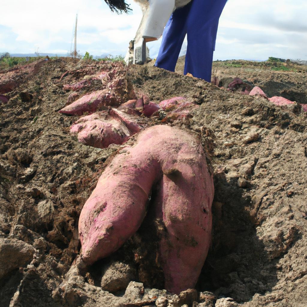 Person planting sweet potatoes in field
